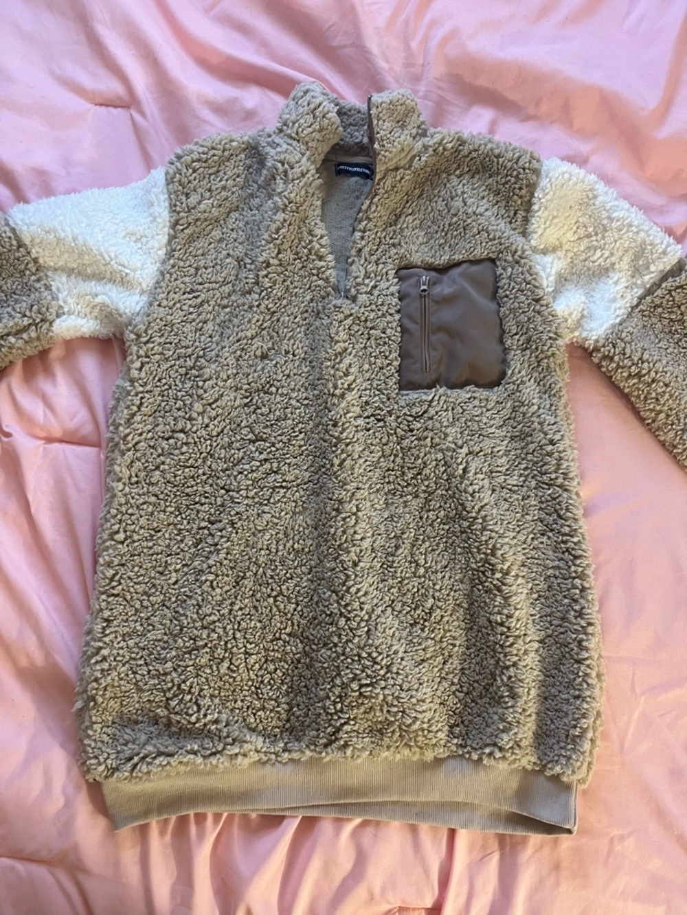 Oversized Cozy Taupe Sherpa Pullover with Chest Pocket
